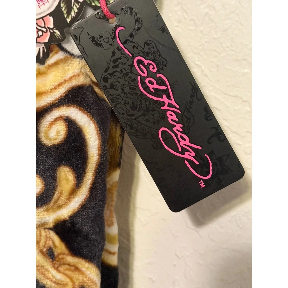 Ed Hardy Love Kills Slowly Oversized Plush Throw Blanket Black Gold Skull 60x70